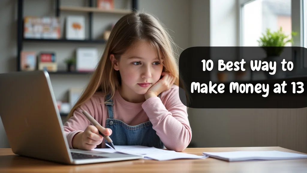 The image shows a young person looking at a laptop, suggesting ways to make money at 13.