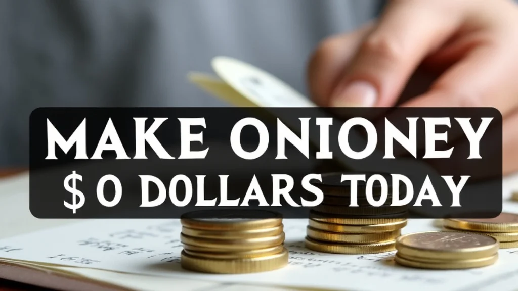 The image shows a person happily using a laptop to discover ways to make money with zero dollars today.